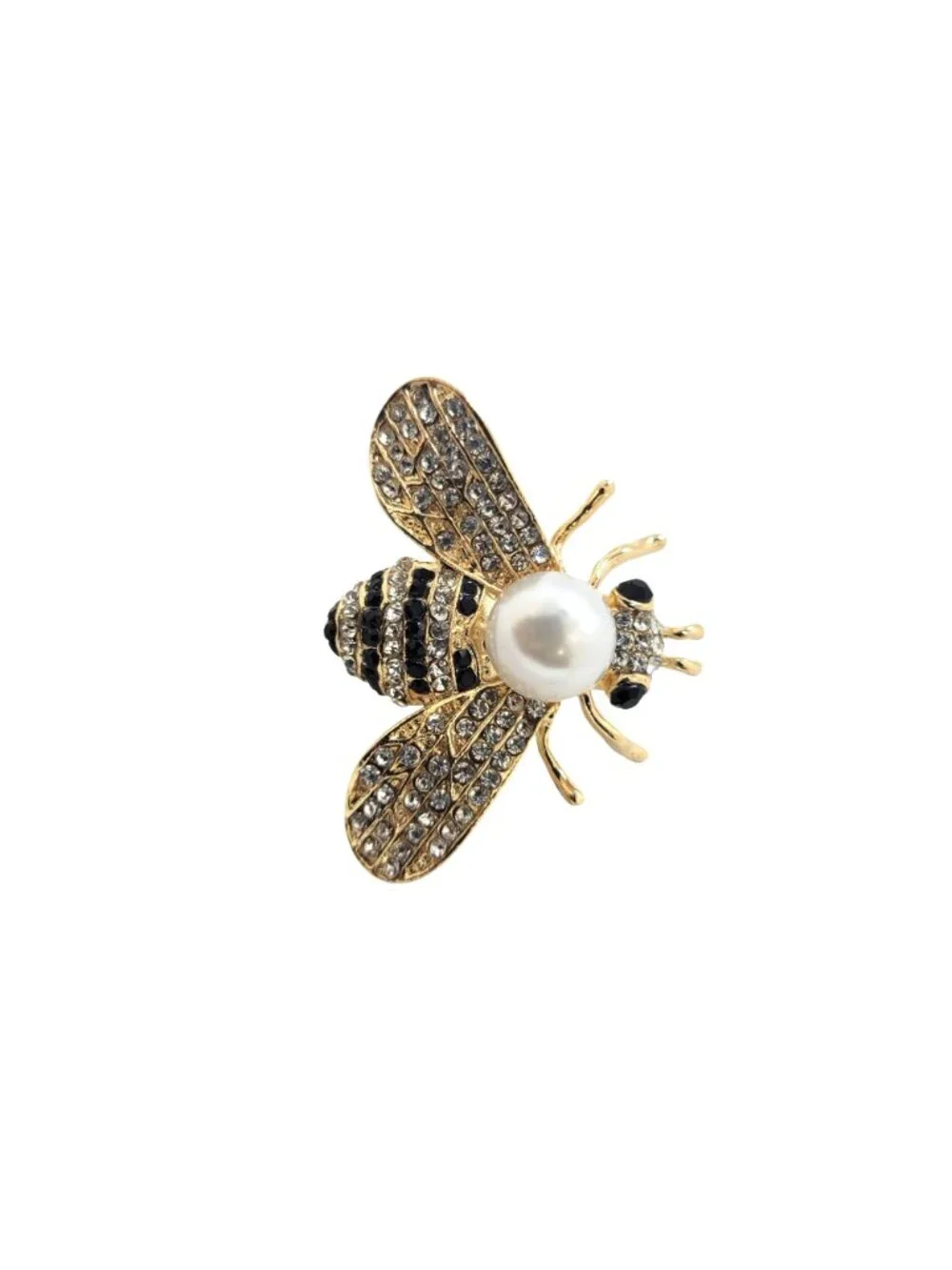Gold Bumble Bee Pearl Brooch Pin with Sparkling Crystals, Vintage Insect Jewelry - Picture 4 of 5